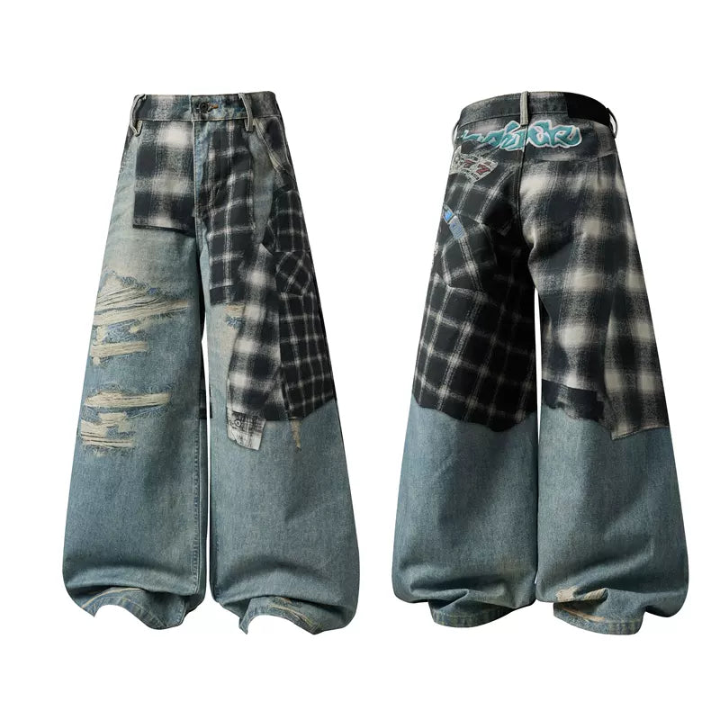 6241715554989,6241715554990,6241715554991,6241715554992, Patchwork Wide-Leg Denim Pants