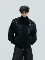 Pearl-Embellished Plush High-Neck Zip Cardigan 1