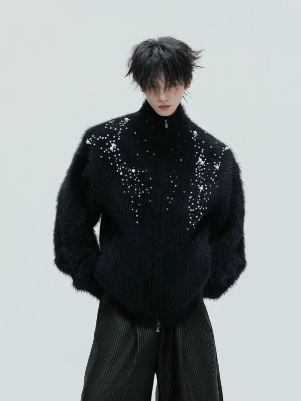 Pearl-Embellished Plush High-Neck Zip Cardigan 1