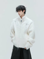 Pearl-Embellished Plush High-Neck Zip Cardigan 2