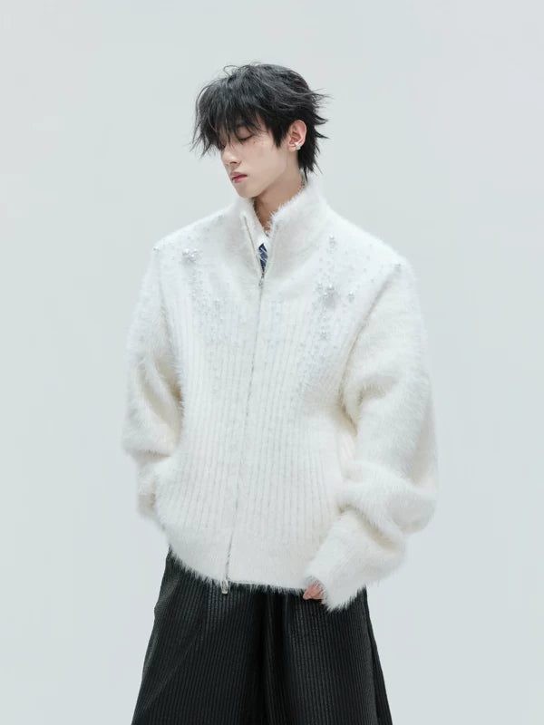 Pearl-Embellished Plush High-Neck Zip Cardigan 2