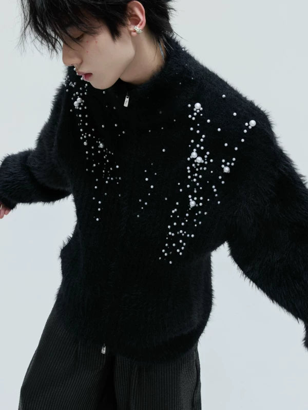 Pearl-Embellished Plush High-Neck Zip Cardigan 3