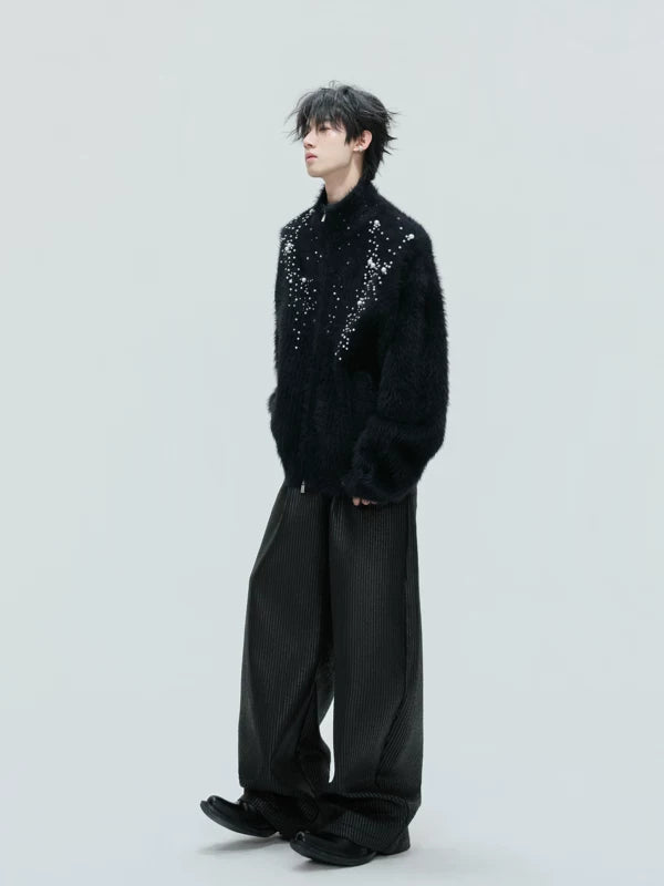 Pearl-Embellished Plush High-Neck Zip Cardigan 4