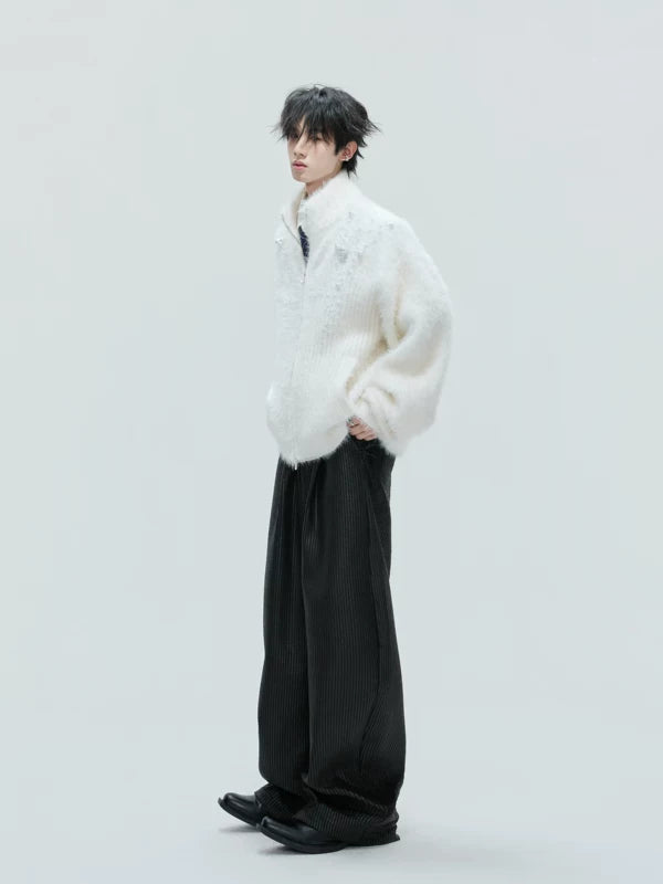 Pearl-Embellished Plush High-Neck Zip Cardigan 5