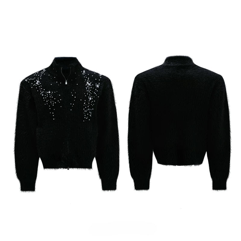 6105264802660,6105264802661,6105264802662,6105264802663, Pearl-Embellished Plush High-Neck Zip Cardigan