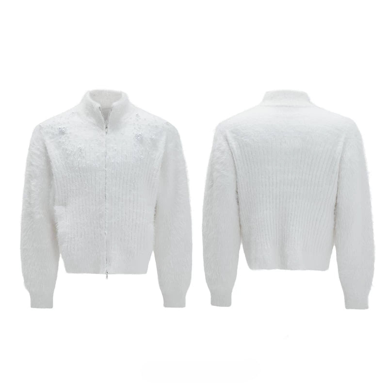 6110625643415,6110625643416,6110625643417,6110625643418, Pearl-Embellished Plush High-Neck Zip Cardigan