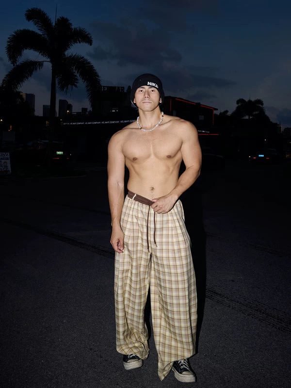 Plaid Elastic Waist Wide-Leg Pants 1