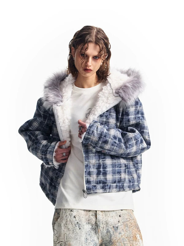 Plaid Fleece Hooded Jacket with Fur Trim 1