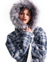 Plaid Fleece Hooded Jacket with Fur Trim 2