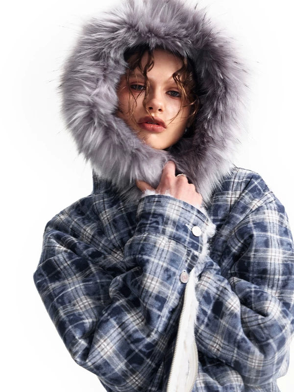 Plaid Fleece Hooded Jacket with Fur Trim 2