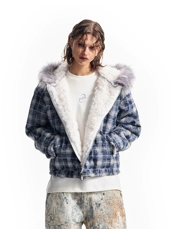 Plaid Fleece Hooded Jacket with Fur Trim 3