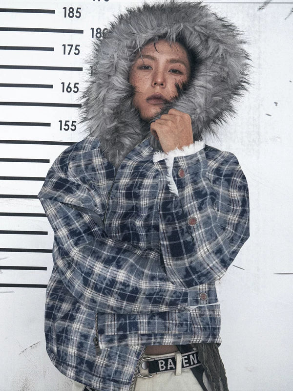 Plaid Fleece Hooded Jacket with Fur Trim 4