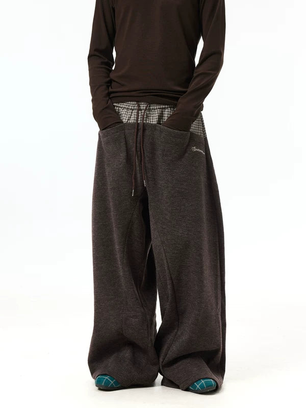 Plaid Patchwork Double Waistband Wide-Leg Pants 2
