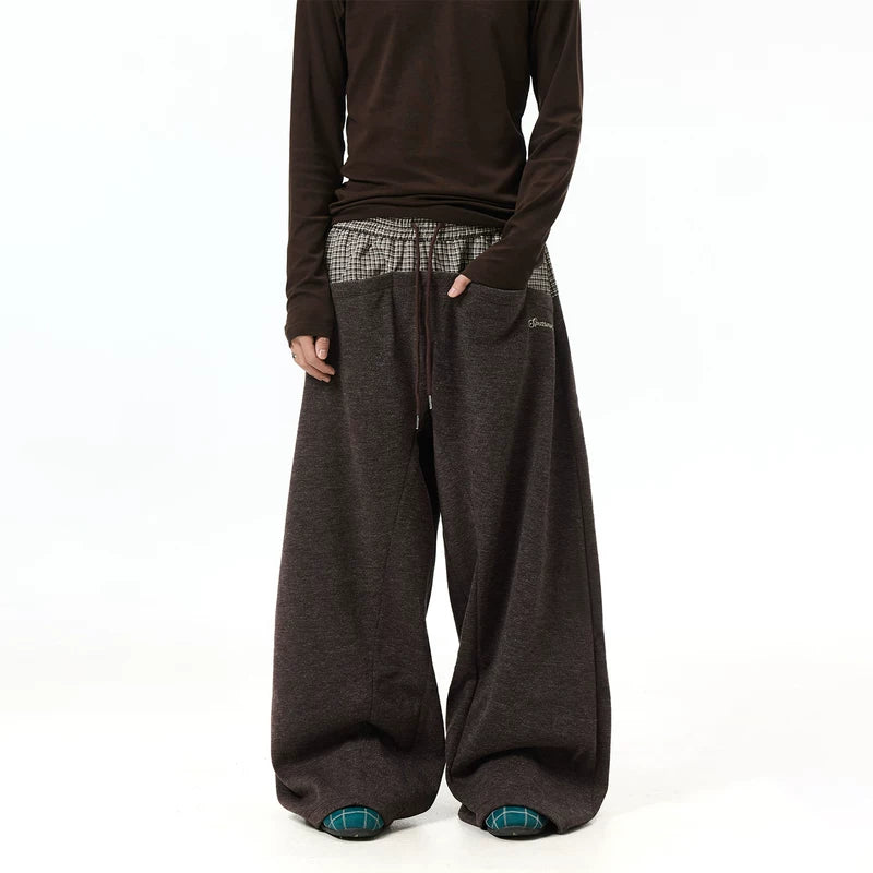6003460376868,6003460376869,6003460376870, Plaid Patchwork Double Waistband Wide-Leg Pants