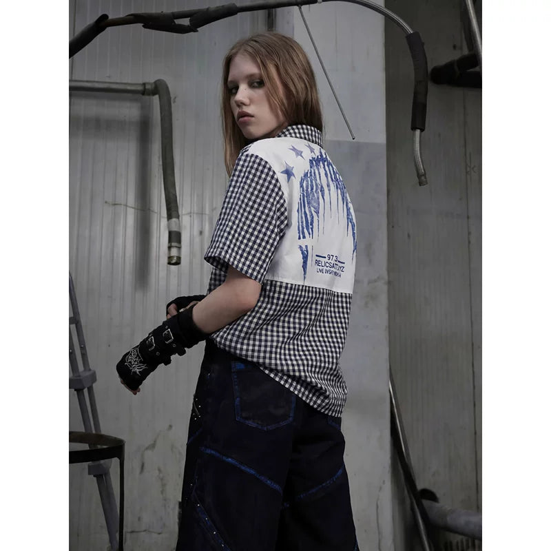 6259531930291,6259531930293,6259531930295, Plaid Patchwork Short-Sleeve Shirt