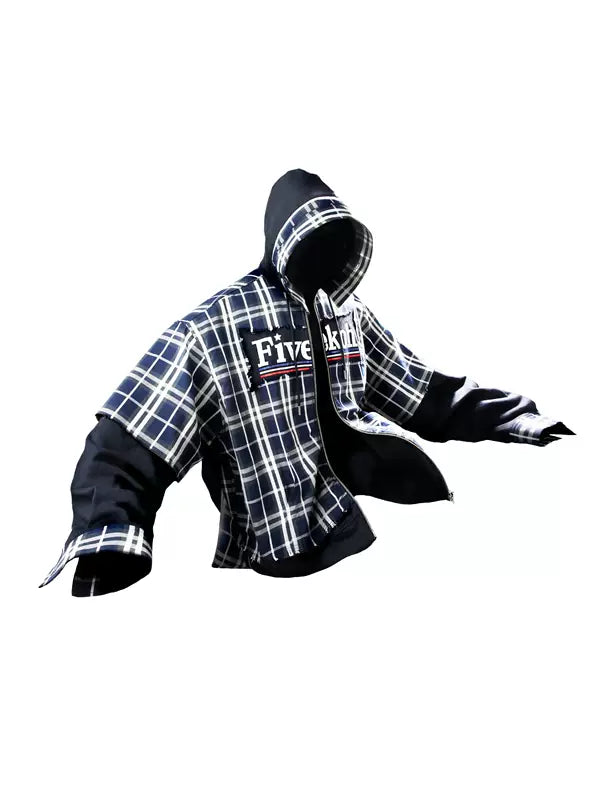 Plaid Patchwork Zip-Up Hooded Sweatshirt 1