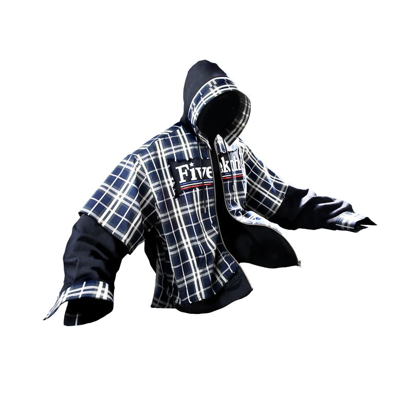 5791455466171,5791455466172,5980532982243, Plaid Patchwork Zip-Up Hooded Sweatshirt