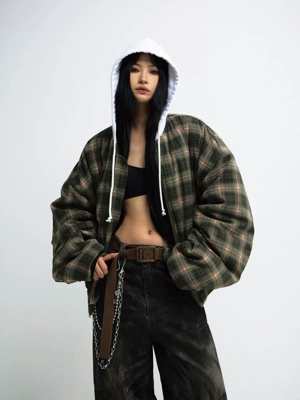 Plaid Reversible Hooded Cotton-Padded Jacket 1