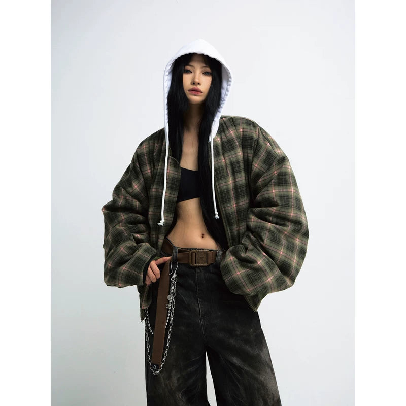 5769531630214,5769531630215,5769531630216, Plaid Reversible Hooded Cotton-Padded Jacket