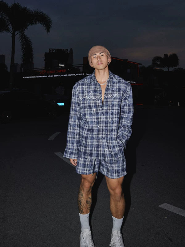 Plaid Rhinestone Long-Sleeve Shirt and Shorts 1