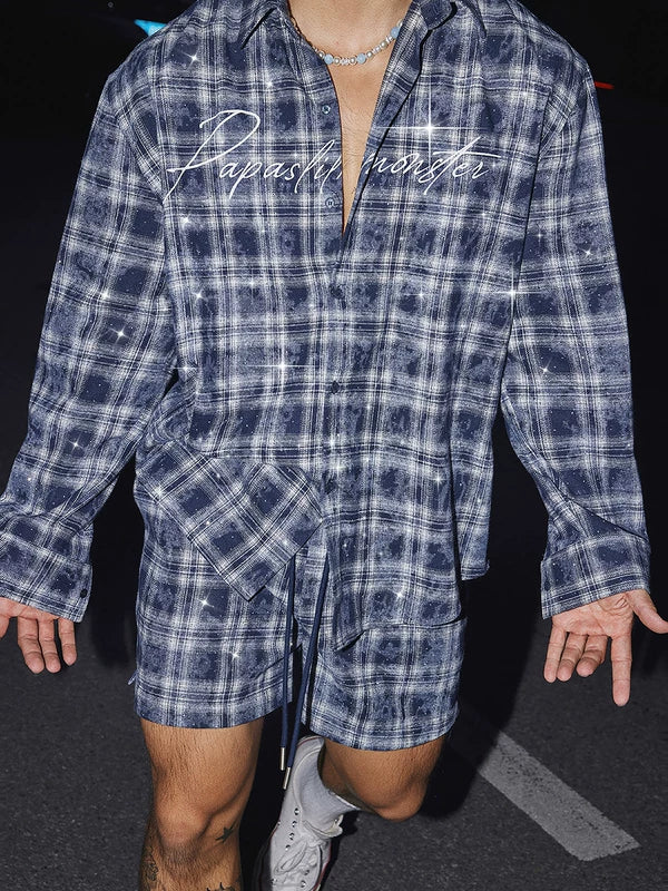 Plaid Rhinestone Long-Sleeve Shirt and Shorts 4