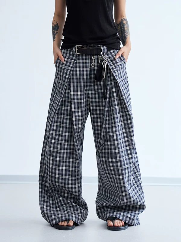 Pleated 3D Plaid Wide-Leg Casual Pants 1