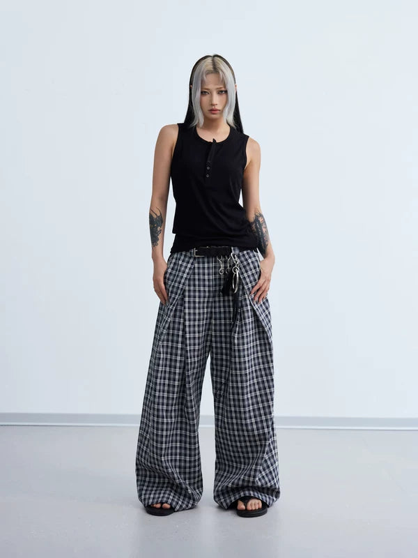 Pleated 3D Plaid Wide-Leg Casual Pants 5