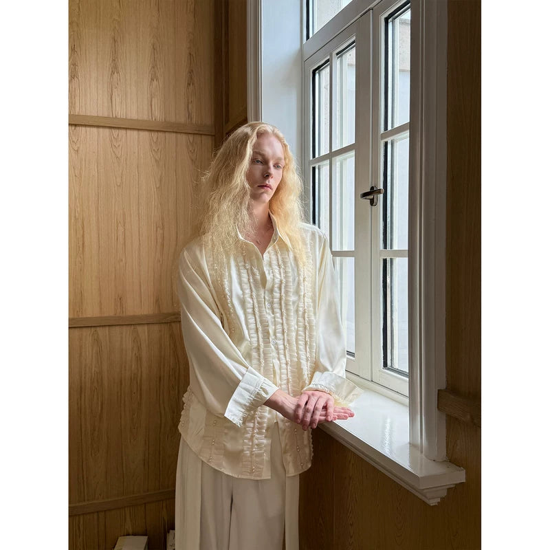 Pleated Beaded Satin Long-Sleeve Shirt 2