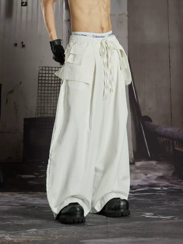 Pleated Cotton Wide-Leg Pants with Waist Bag 2