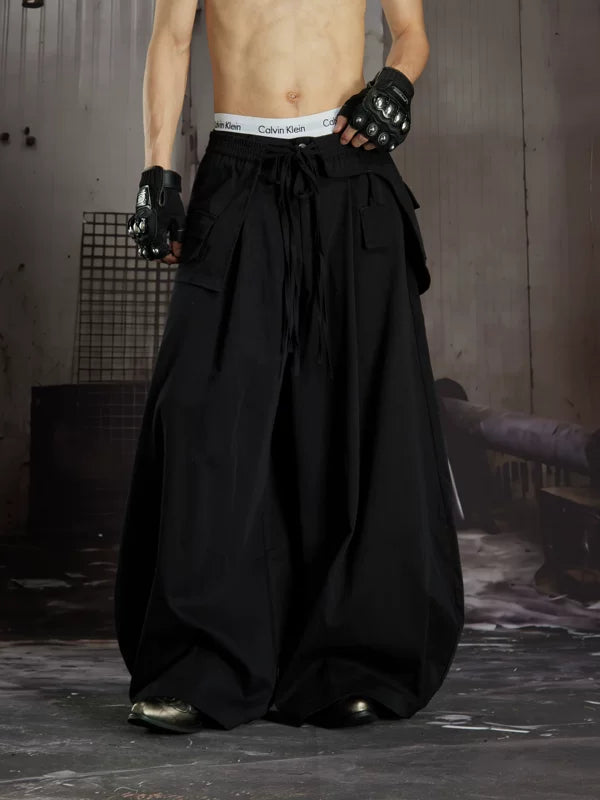 Pleated Cotton Wide-Leg Pants with Waist Bag 3