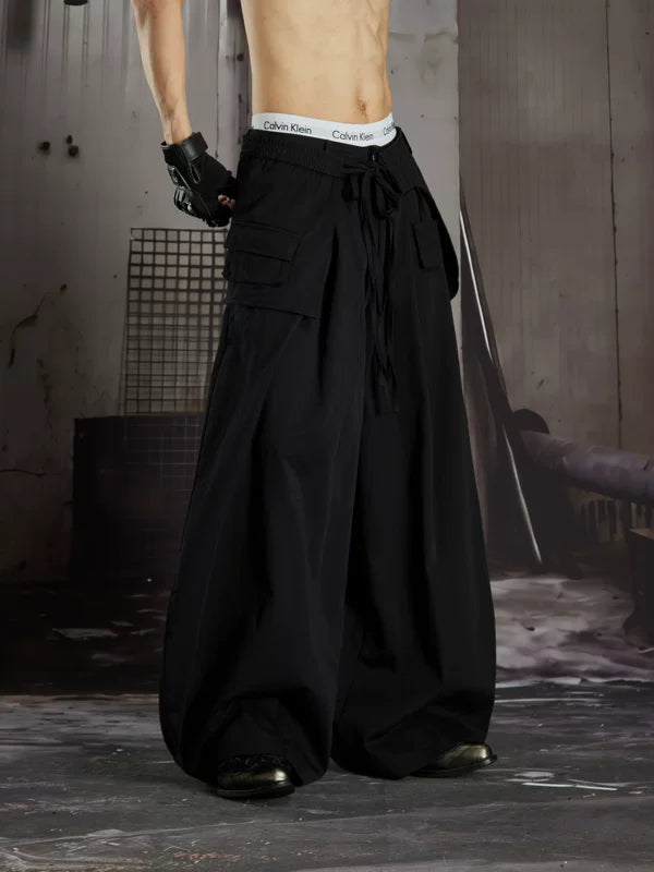 Pleated Cotton Wide-Leg Pants with Waist Bag 4