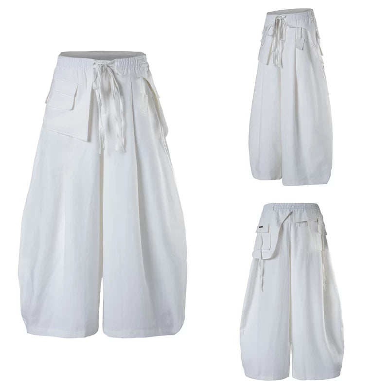 6100967305471,6100967305472,6100967305473,6100967305474, Pleated Cotton Wide-Leg Pants with Waist Bag