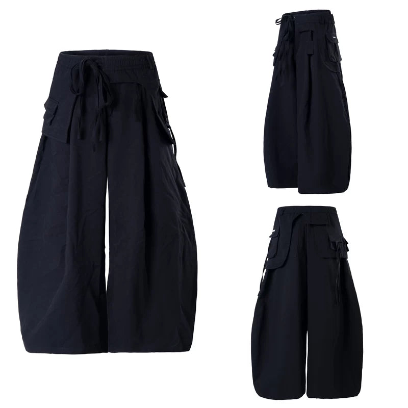 6100967305475,6100967305476,6100967305477,6100967305478, Pleated Cotton Wide-Leg Pants with Waist Bag