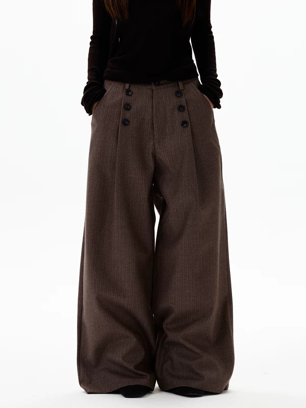 Pleated Double-Breasted Striped Wide-Leg Pants 1