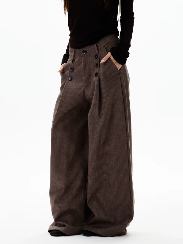 Pleated Double-Breasted Striped Wide-Leg Pants 2