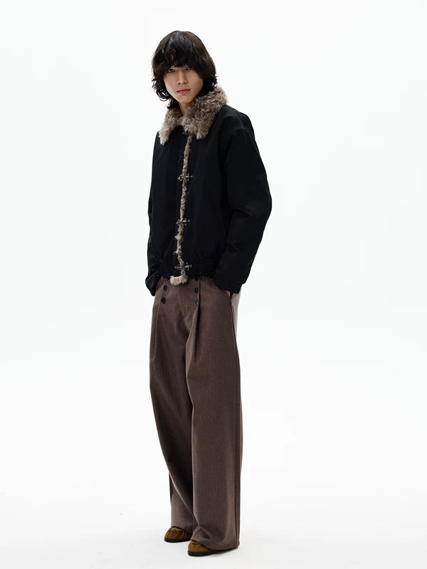 Pleated Double-Breasted Striped Wide-Leg Pants 3