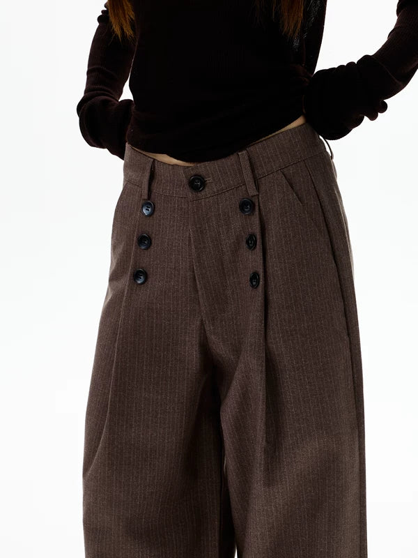 Pleated Double-Breasted Striped Wide-Leg Pants 4