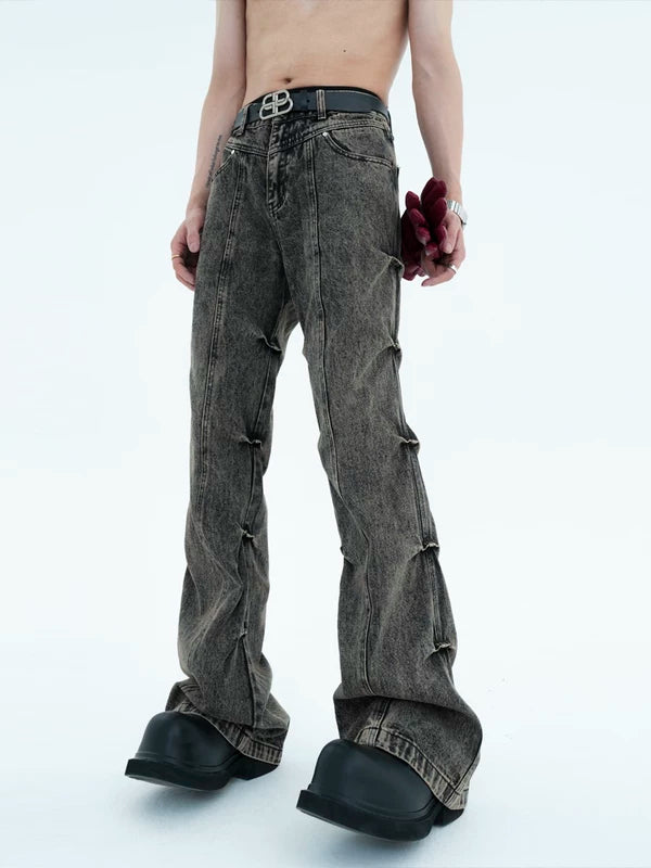 Pleated Flared Denim Pants 2