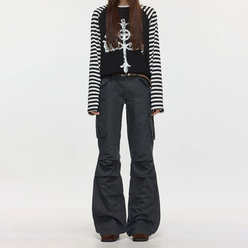 6173630323757,6173630323758,6173630323759,6173630323760, Pleated Flared Multi-Pocket Cargo Pants