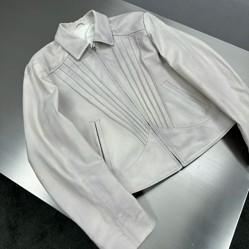 Pleated Lambskin Short Zip Jacket 3
