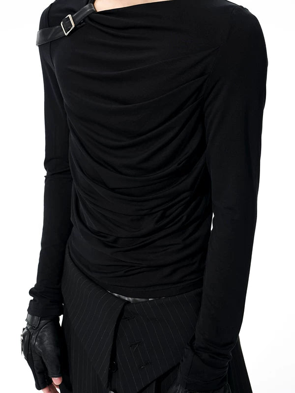 Pleated Leather Patchwork Long-Sleeve T-Shirt 2