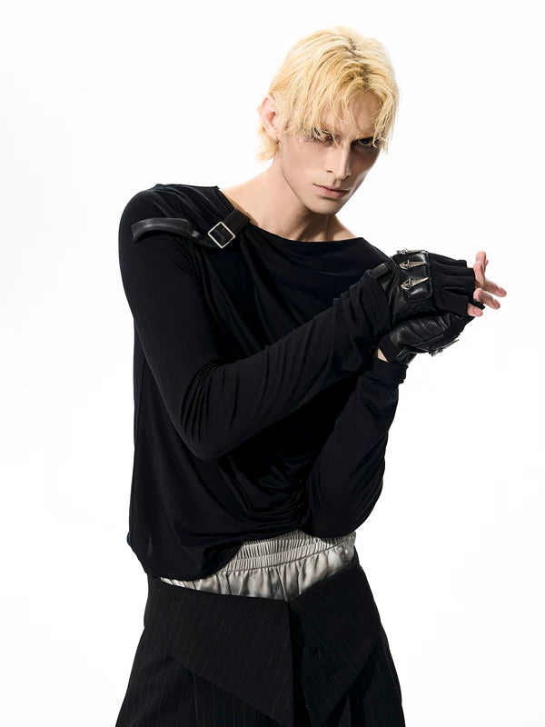 Pleated Leather Patchwork Long-Sleeve T-Shirt 3