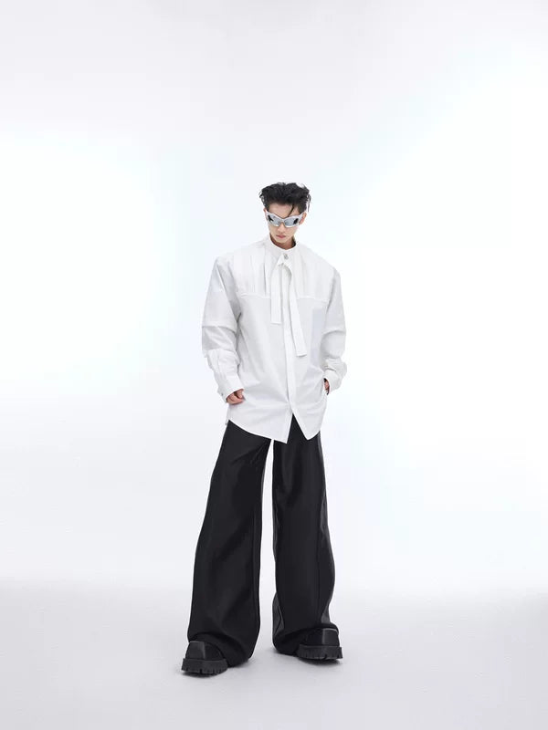 Pleated Long-Sleeve Shirt with Ribbon Detail 2