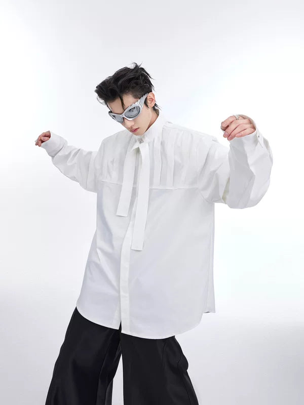 Pleated Long-Sleeve Shirt with Ribbon Detail 4