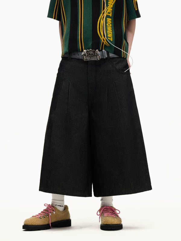 Pleated Wide Leg Cropped Denim Pants 1