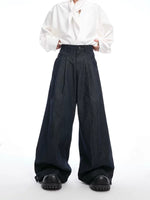 Pleated Wide-Leg Raw Denim Pants 1