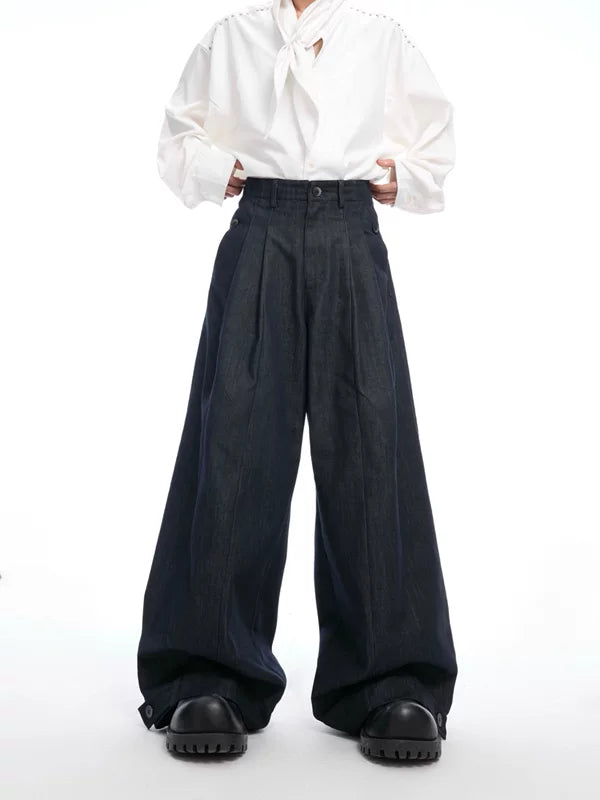 Pleated Wide-Leg Raw Denim Pants 1