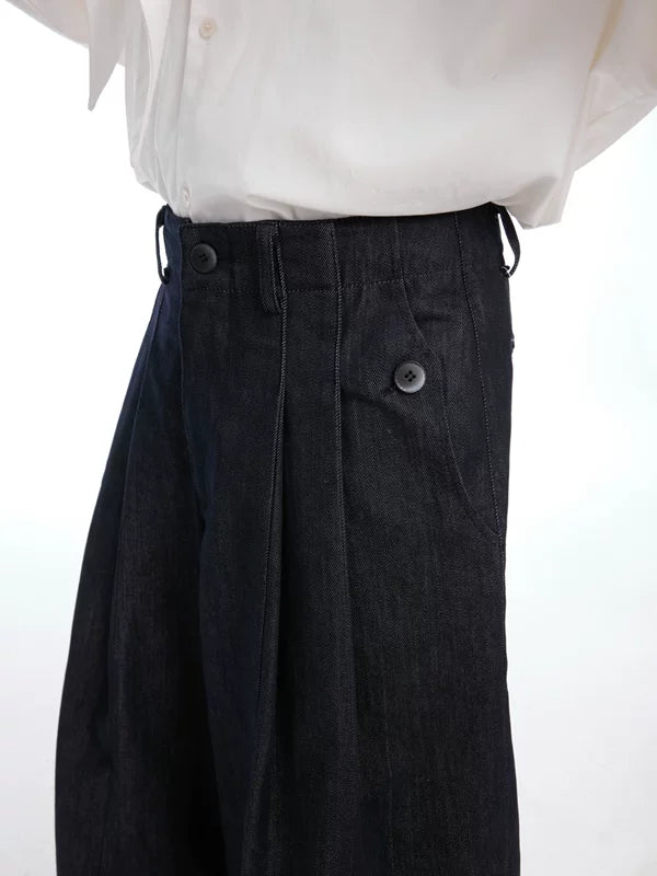 Pleated Wide-Leg Raw Denim Pants 3
