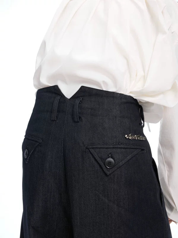 Pleated Wide-Leg Raw Denim Pants 4