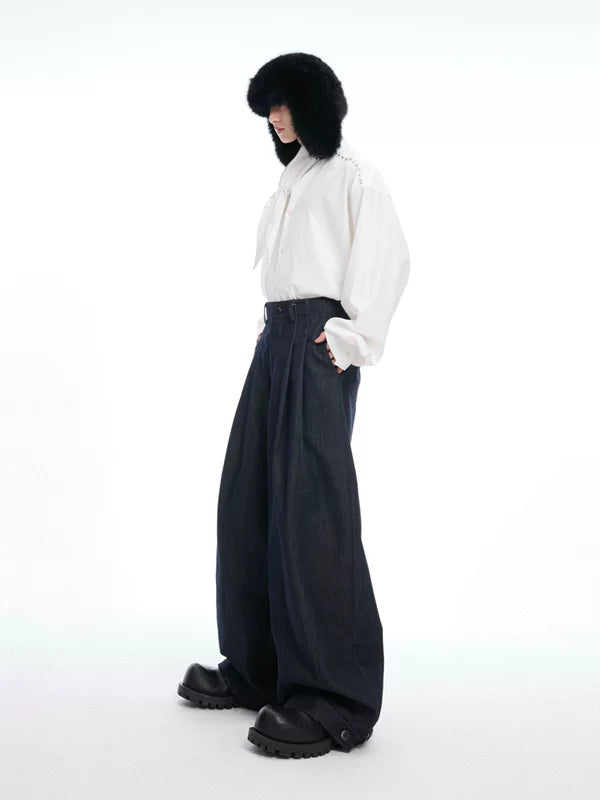 Pleated Wide-Leg Raw Denim Pants 5